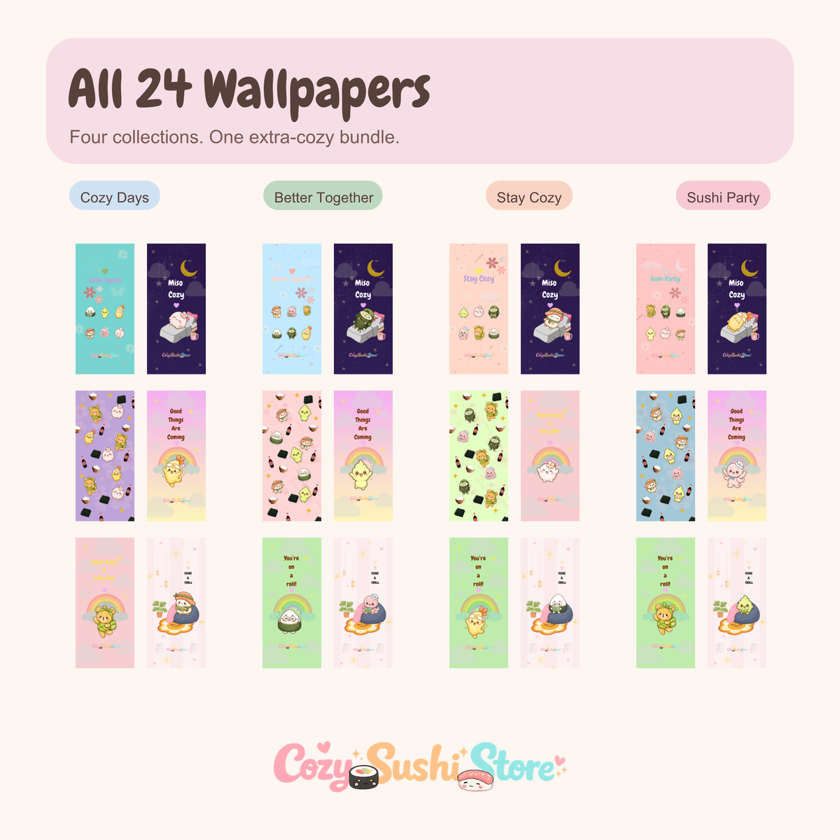 Ultimate Cozy Bundle – 24 Cute Sushi Phone Wallpapers