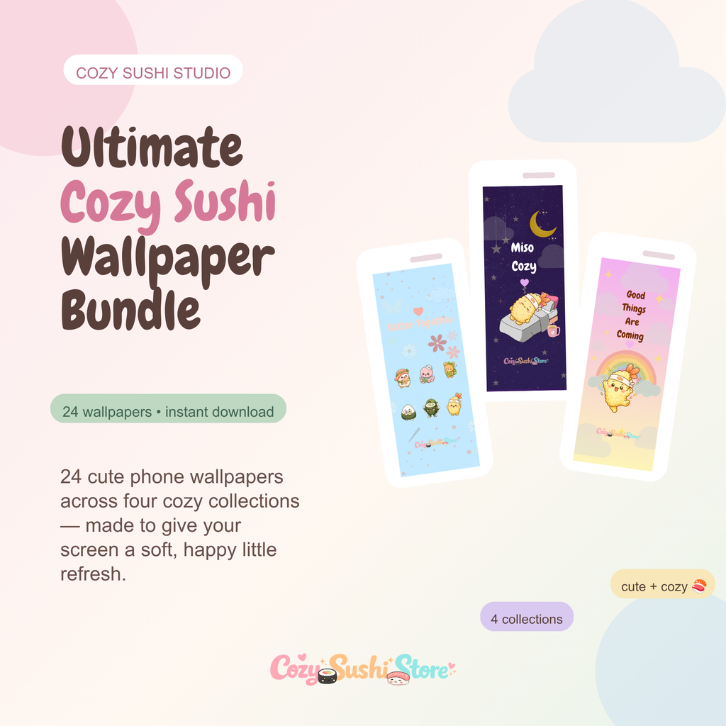Ultimate Cozy Bundle – 24 Cute Sushi Phone Wallpapers