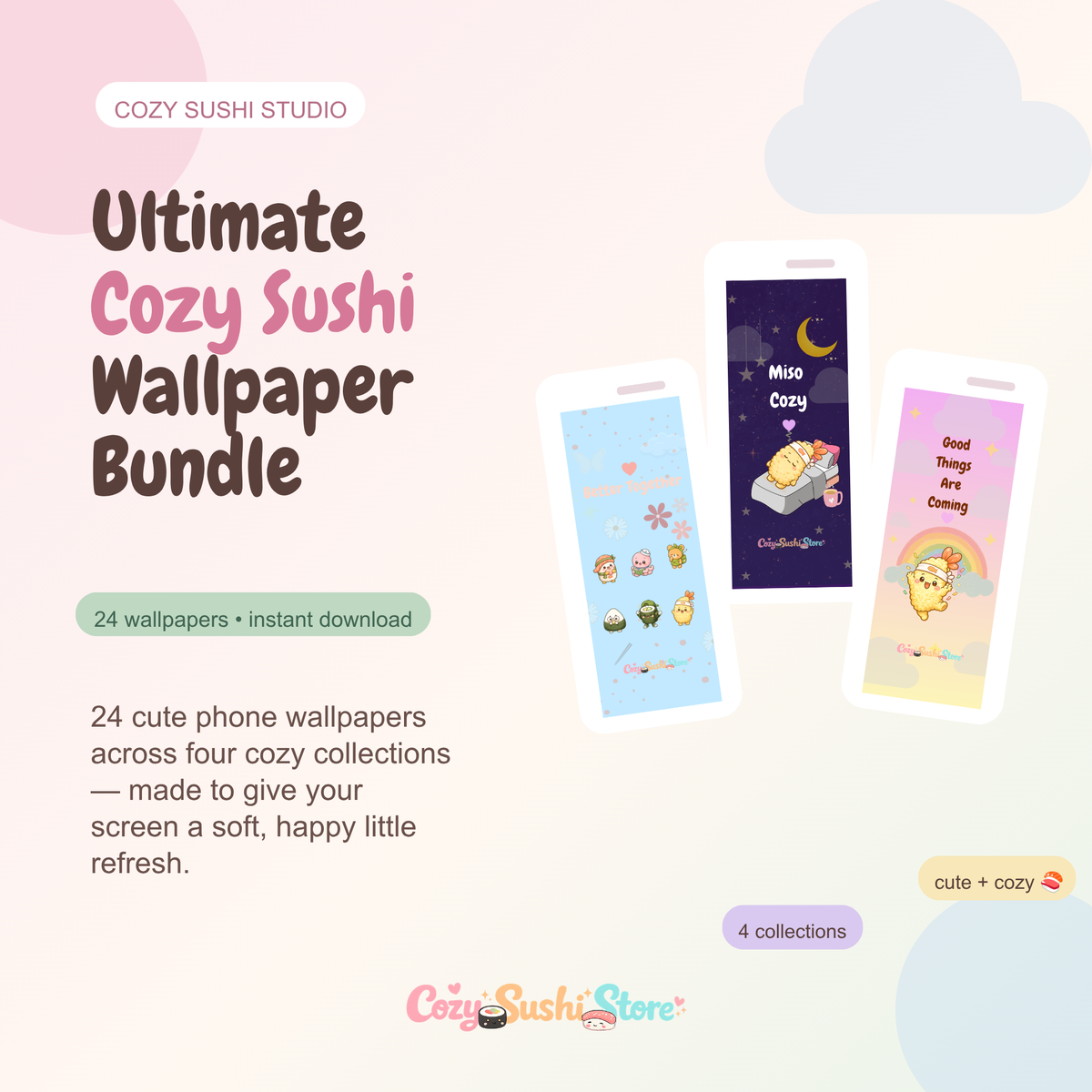 Ultimate Cozy Bundle – 24 Cute Sushi Phone Wallpapers