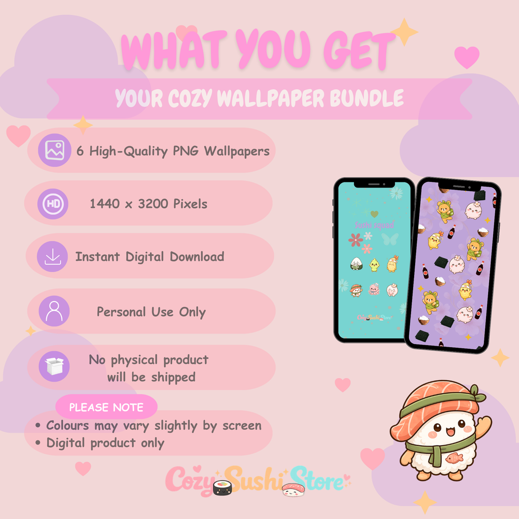 Cozy Days Starter Pack — 6 Cute Sushi Phone Wallpapers