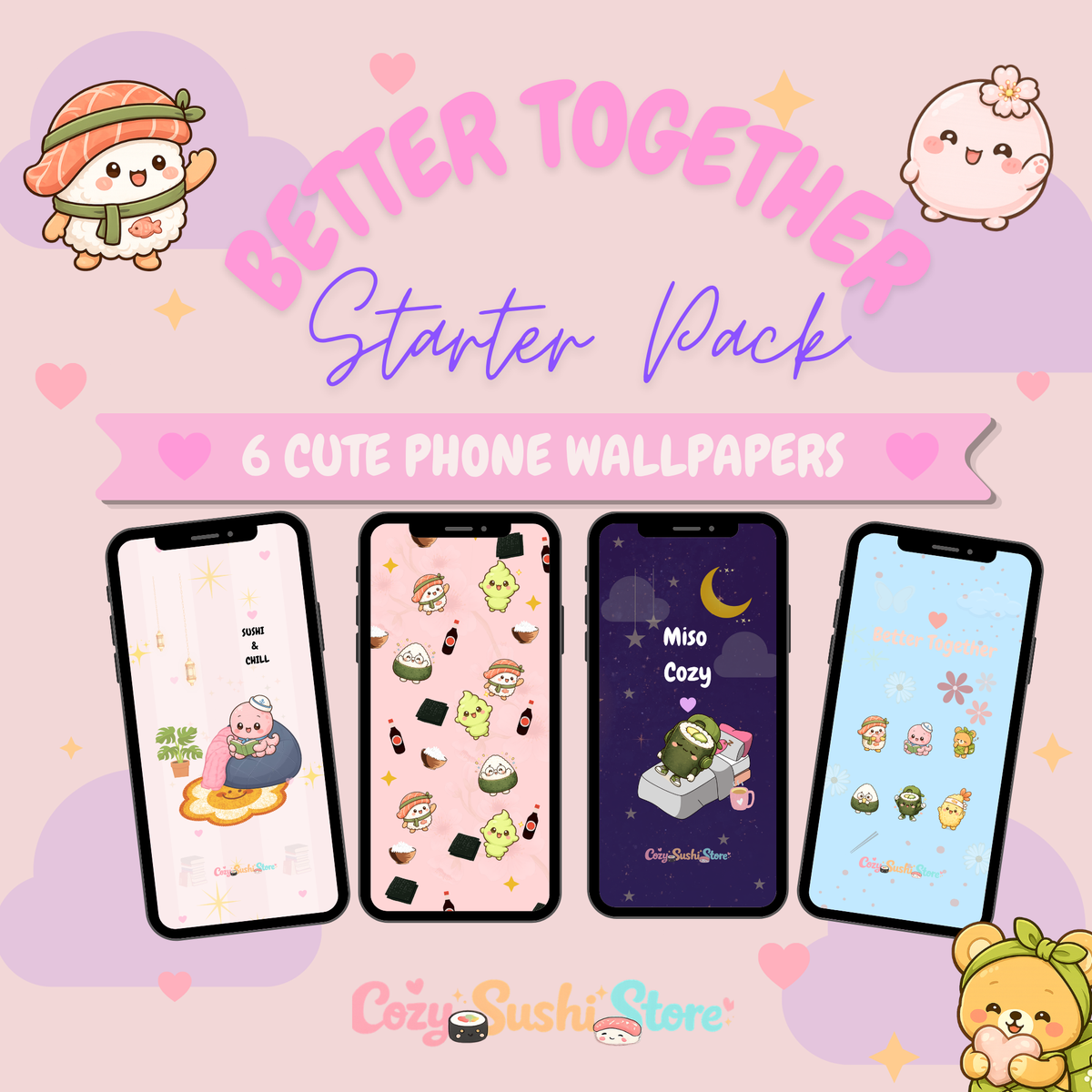 Better Together Pack — 6 Cute Sushi Phone Wallpapers