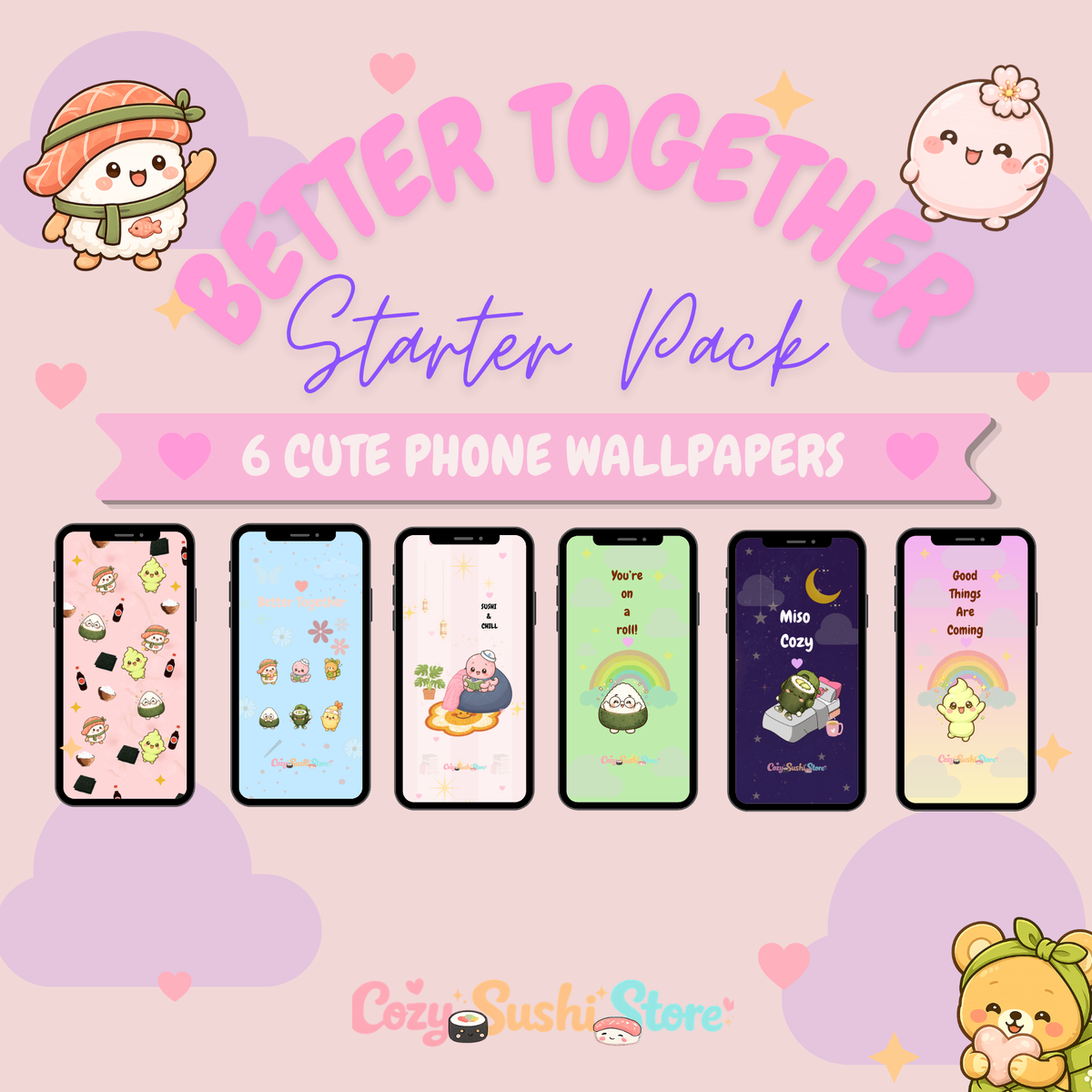 Better Together Pack — 6 Cute Sushi Phone Wallpapers