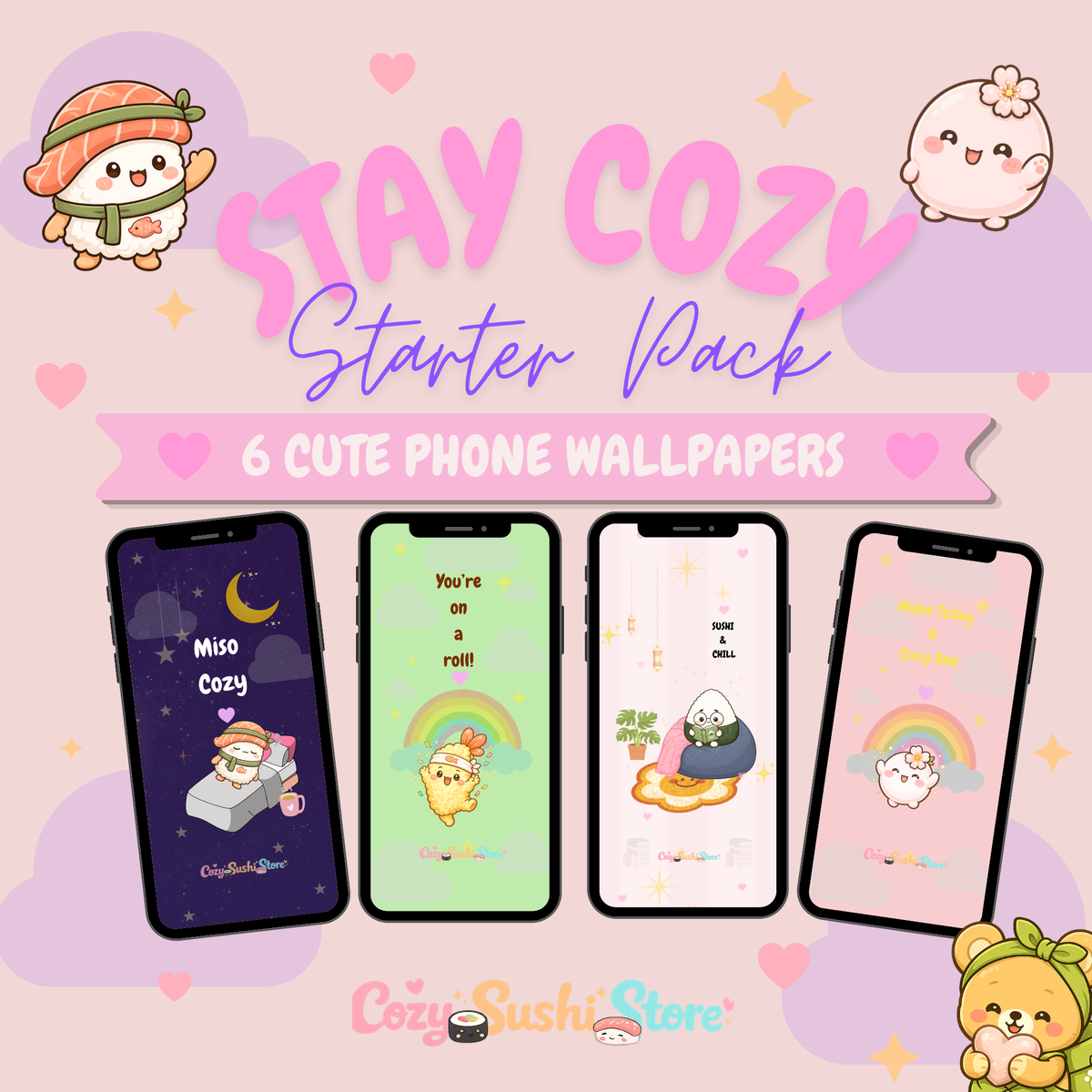 Stay Cozy Pack — 6 Cute Sushi Phone Wallpapers