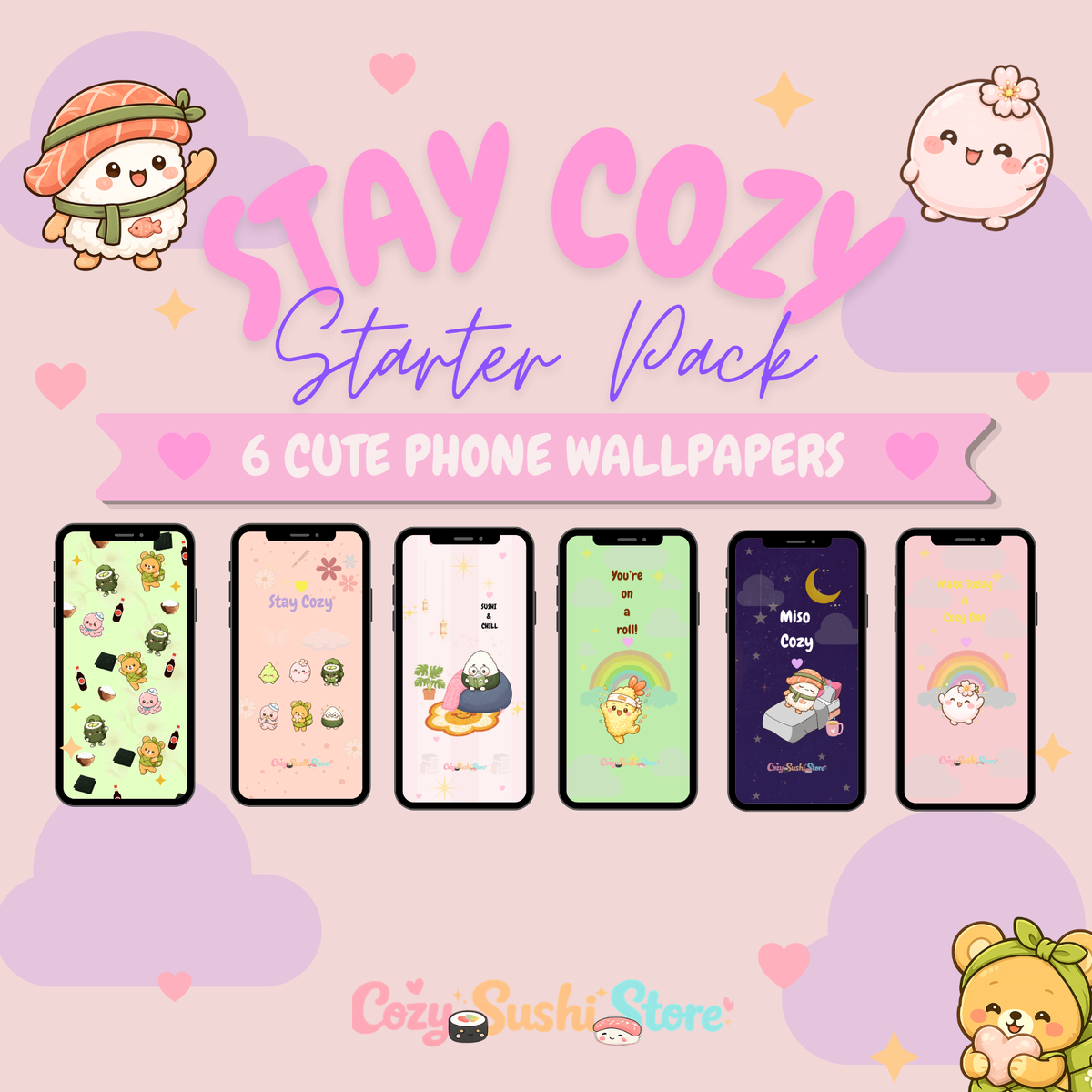 Stay Cozy Pack — 6 Cute Sushi Phone Wallpapers