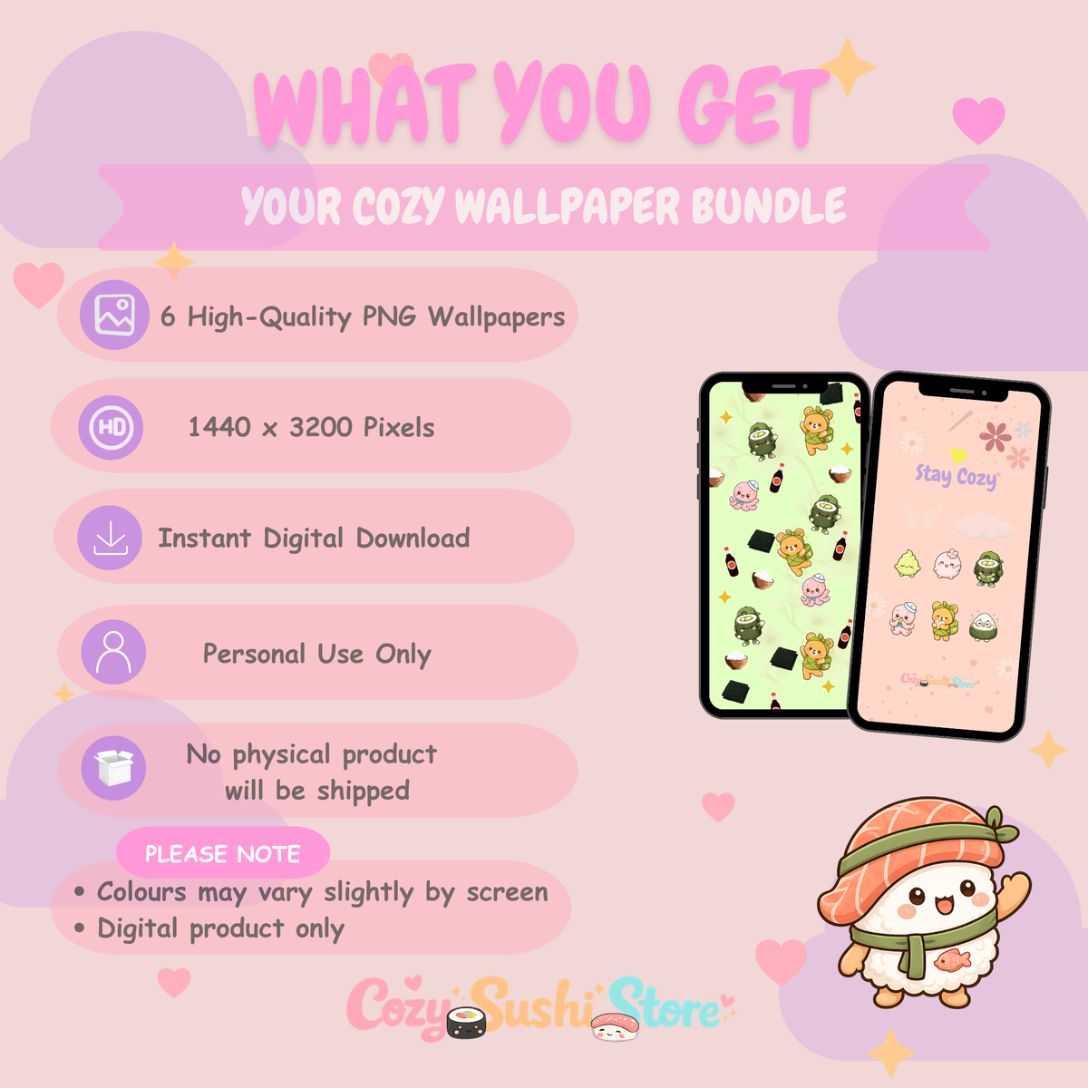 Stay Cozy Pack — 6 Cute Sushi Phone Wallpapers