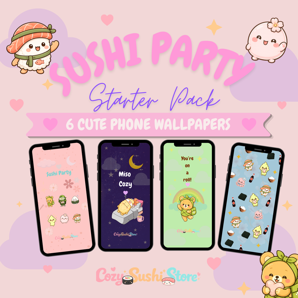Sushi Party Pack — 6 Cute Sushi Phone Wallpapers