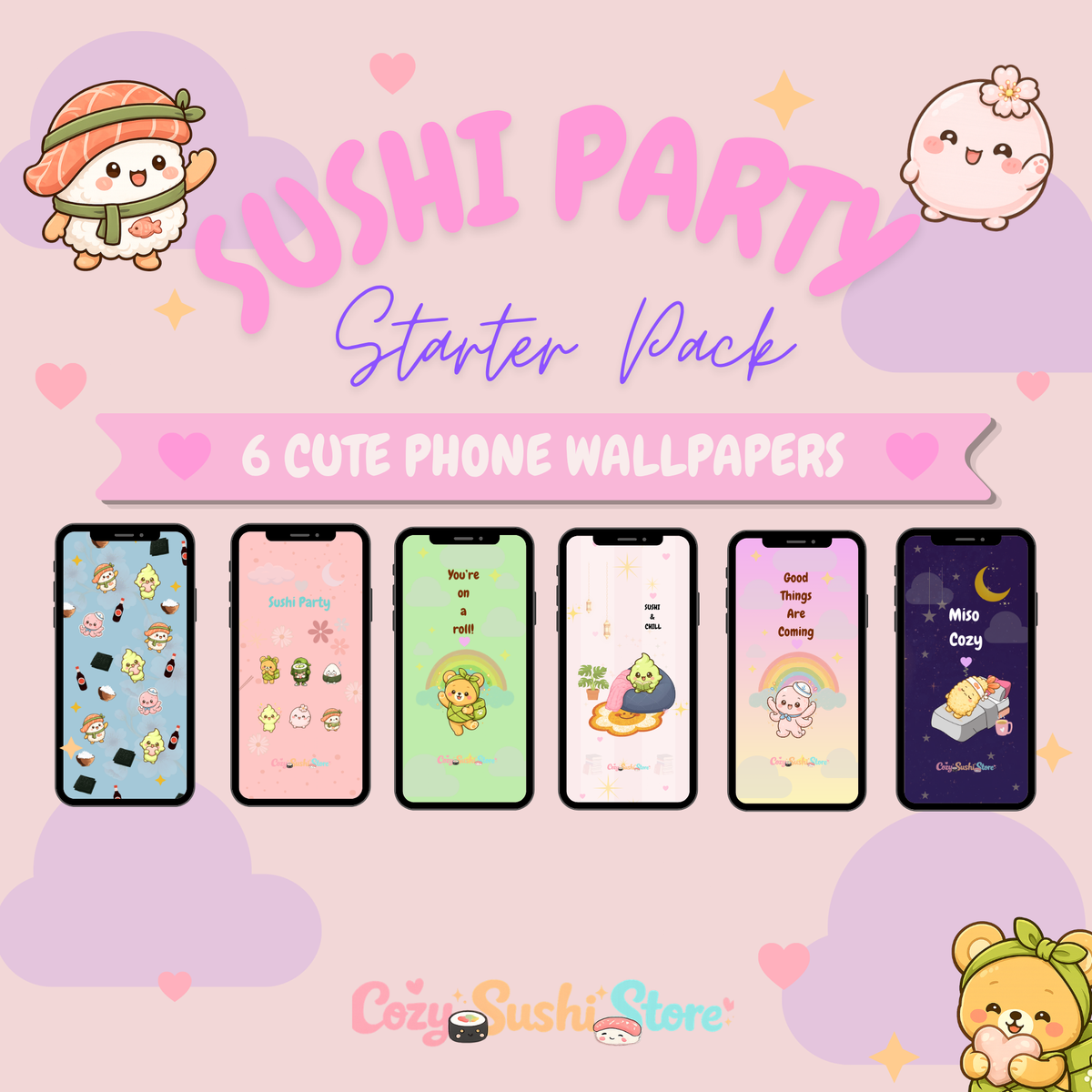 Sushi Party Pack — 6 Cute Sushi Phone Wallpapers