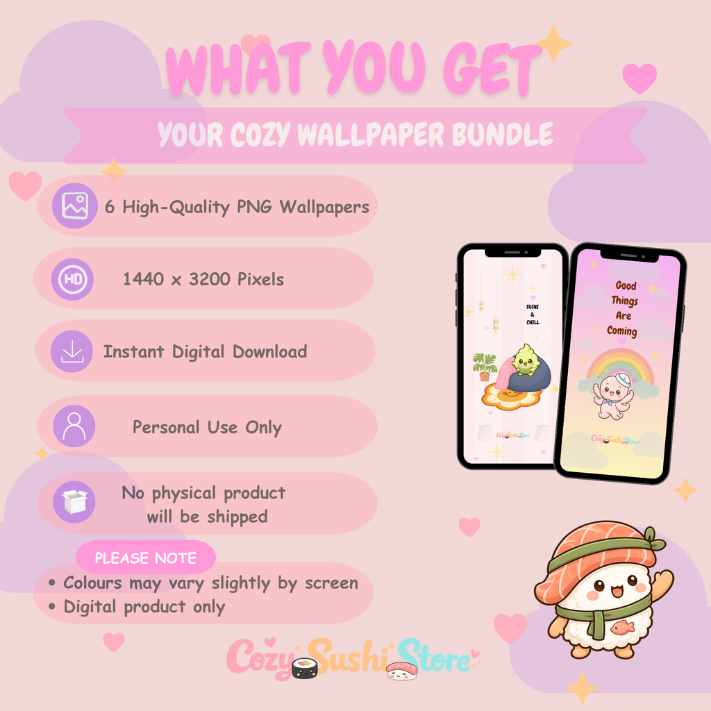 Sushi Party Pack — 6 Cute Sushi Phone Wallpapers