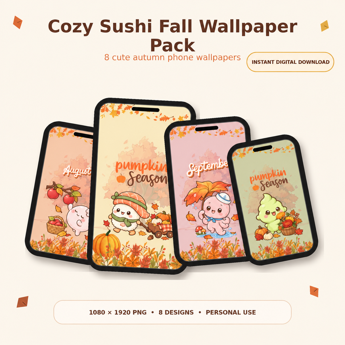 Cozy Sushi Fall Wallpaper Pack | 8 Cute Kawaii Autumn Phone Wallpapers