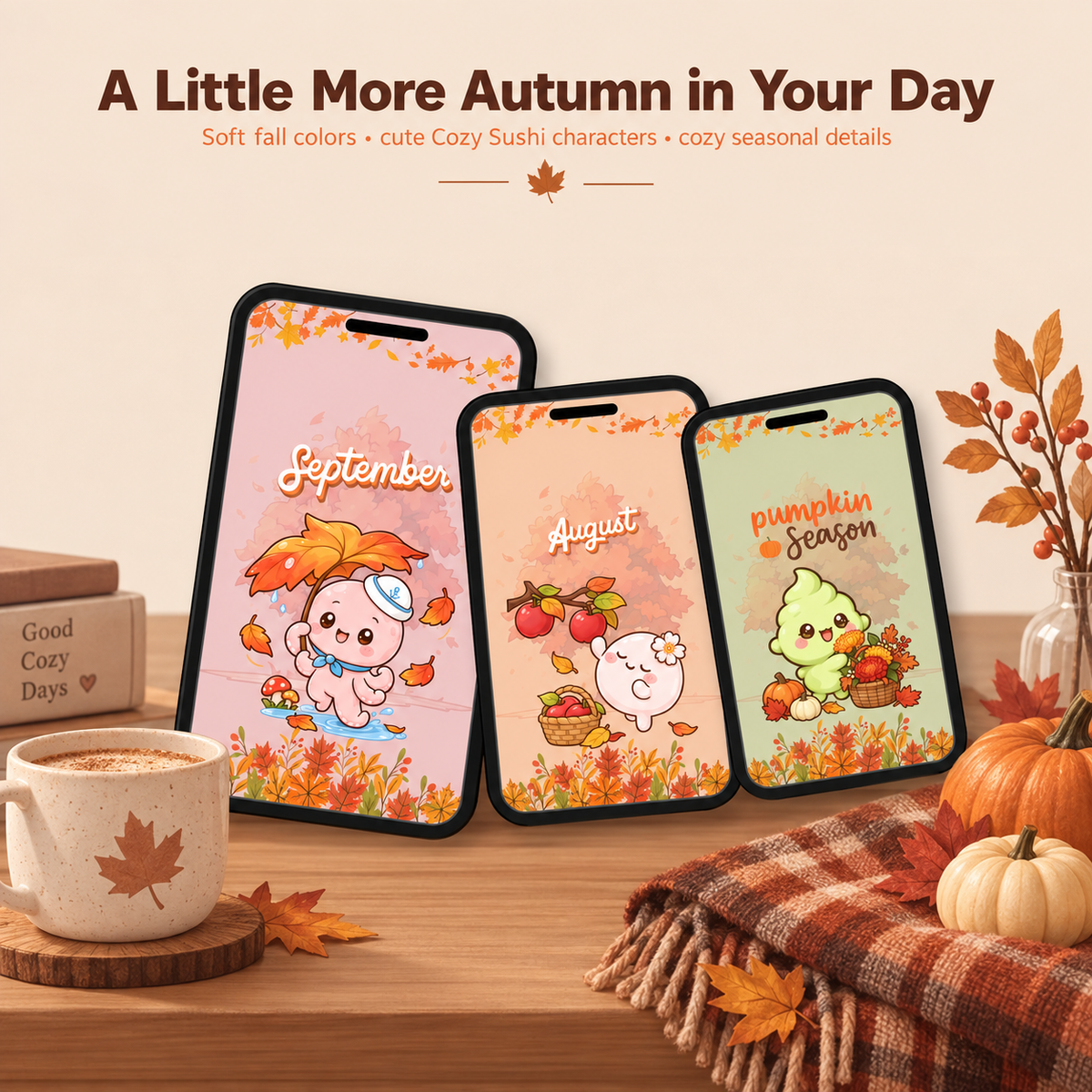 Cozy Sushi Fall Wallpaper Pack | 8 Cute Kawaii Autumn Phone Wallpapers