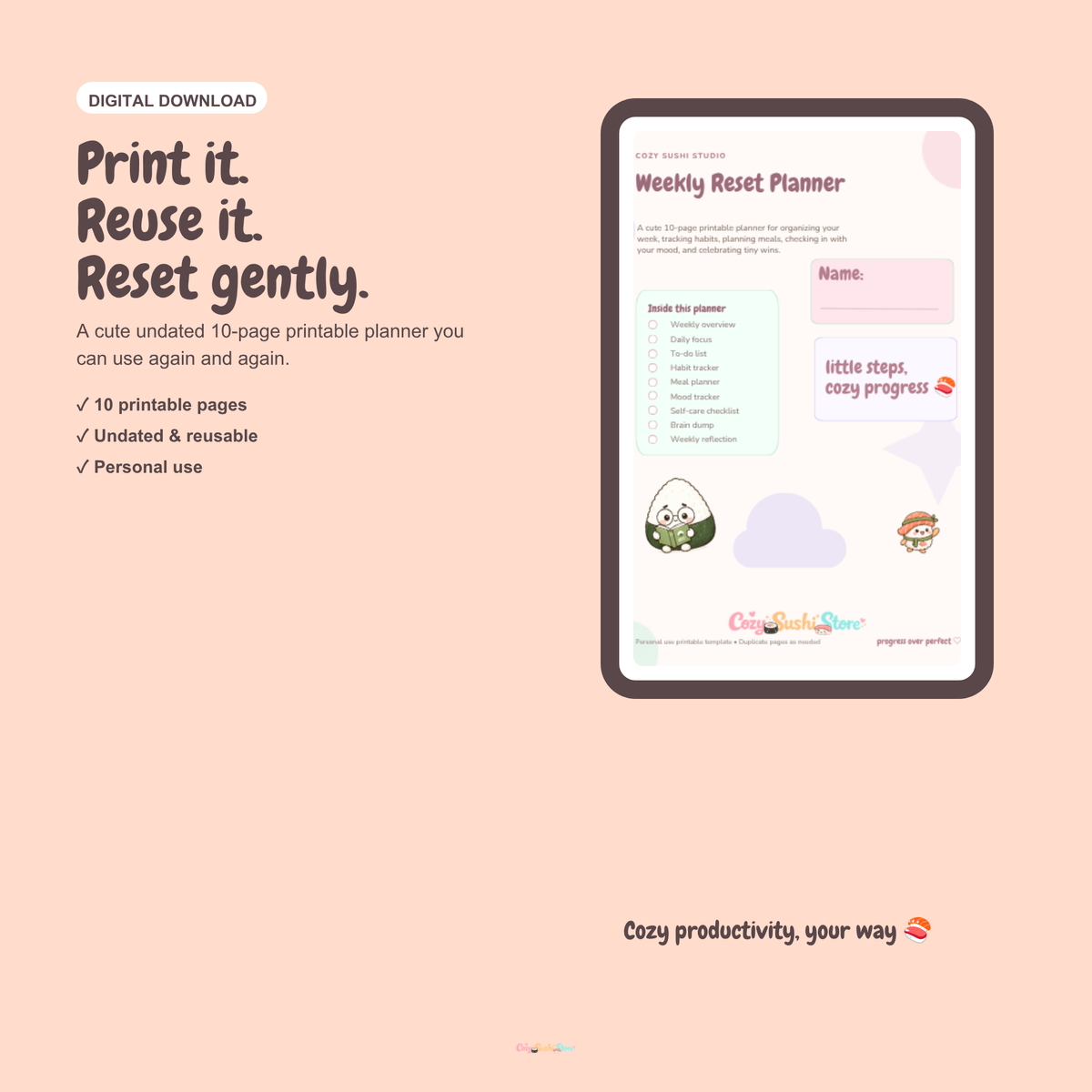 Cozy Sushi Weekly Reset Planner – Cute 10-Page Printable & Digital Planner