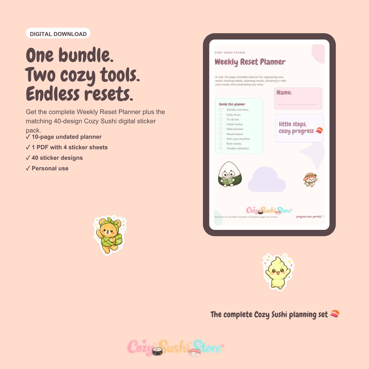 Cozy Sushi Weekly Reset Bundle | Digital Planner + 40 Cute Sticker Designs