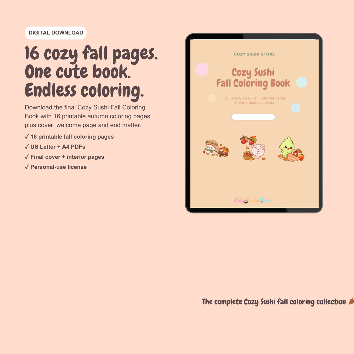 Cozy Sushi Fall Coloring Book | 16 Cute Kawaii Autumn Printable Coloring Pages