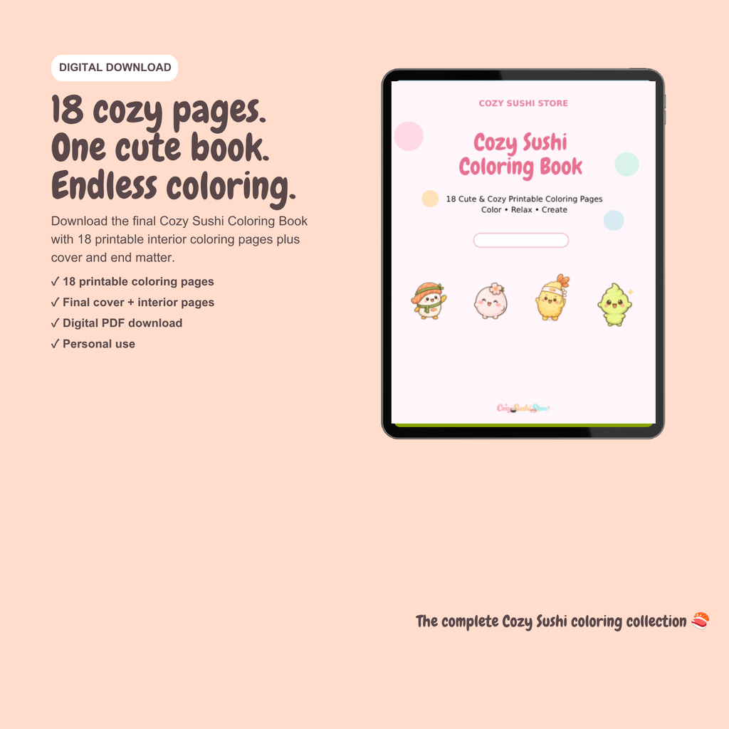 Cozy Sushi Coloring Book | 18 Cute Kawaii Printable Coloring Pages