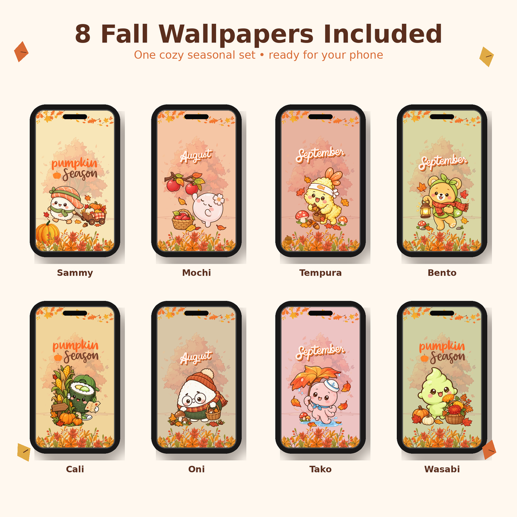 Cozy Sushi Fall Wallpaper Pack | 8 Cute Kawaii Autumn Phone Wallpapers