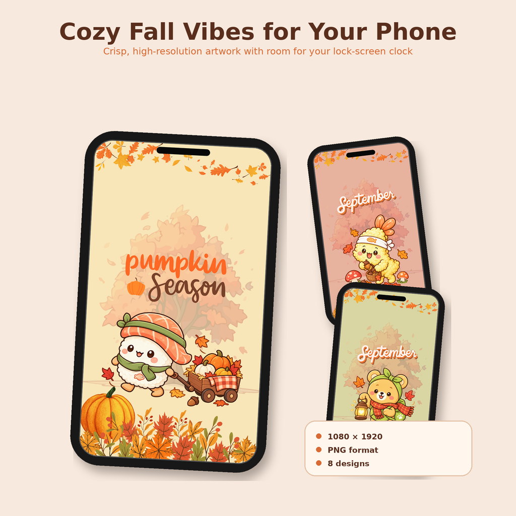 Cozy Sushi Fall Wallpaper Pack | 8 Cute Kawaii Autumn Phone Wallpapers