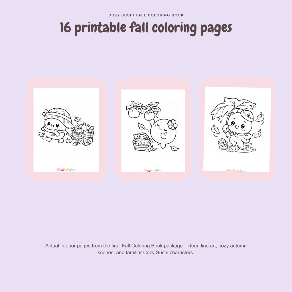 Cozy Sushi Fall Coloring Book | 16 Cute Kawaii Autumn Printable Coloring Pages