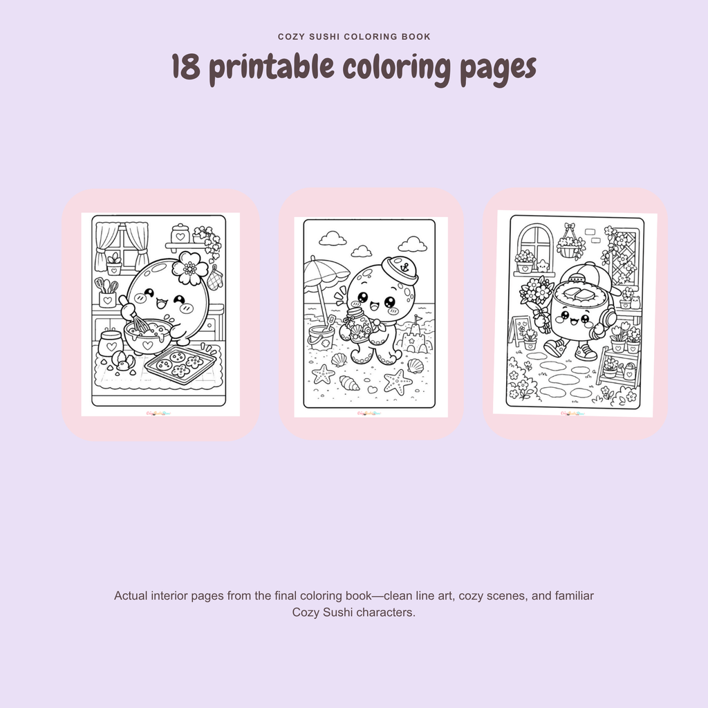 Cozy Sushi Coloring Book | 18 Cute Kawaii Printable Coloring Pages