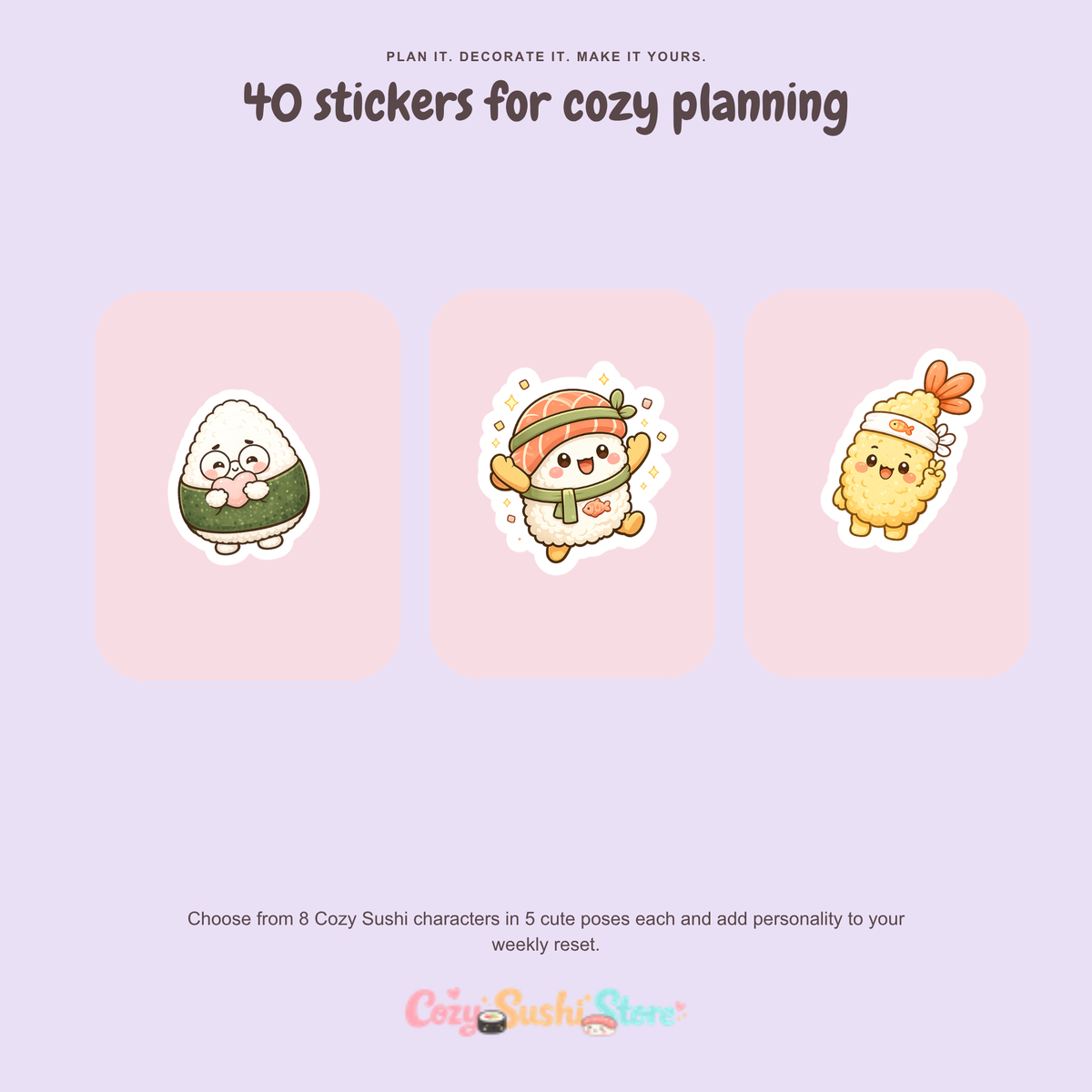 Cozy Sushi Weekly Reset Bundle | Digital Planner + 40 Cute Sticker Designs