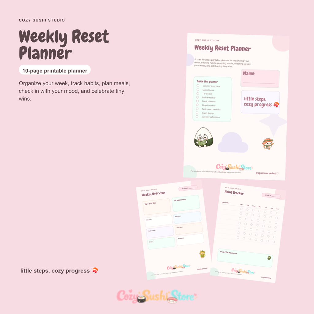 Cozy Sushi Weekly Reset Planner – Cute 10-Page Printable & Digital Planner