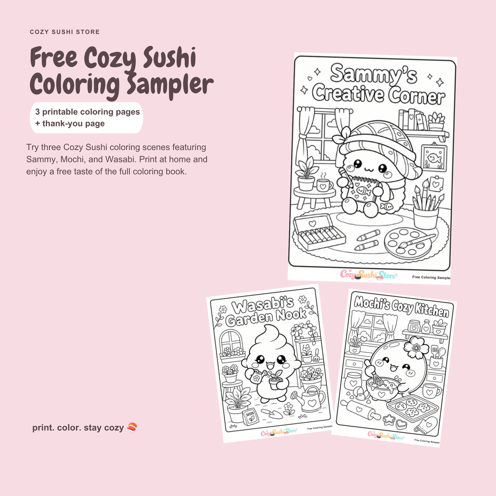 Free Cozy Sushi Coloring Page Sampler | 3 Cute Printable Kawaii Coloring Pages