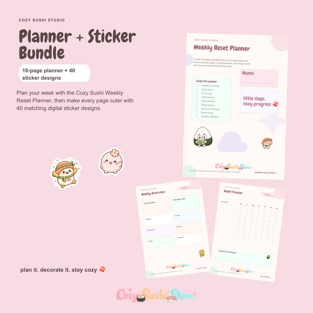 Cozy Sushi Weekly Reset Bundle | Digital Planner + 40 Cute Sticker Designs