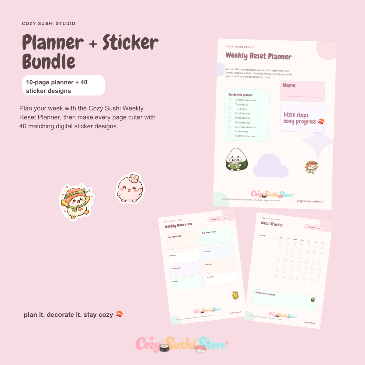 Cozy Sushi Weekly Reset Bundle | Digital Planner + 40 Cute Sticker Designs