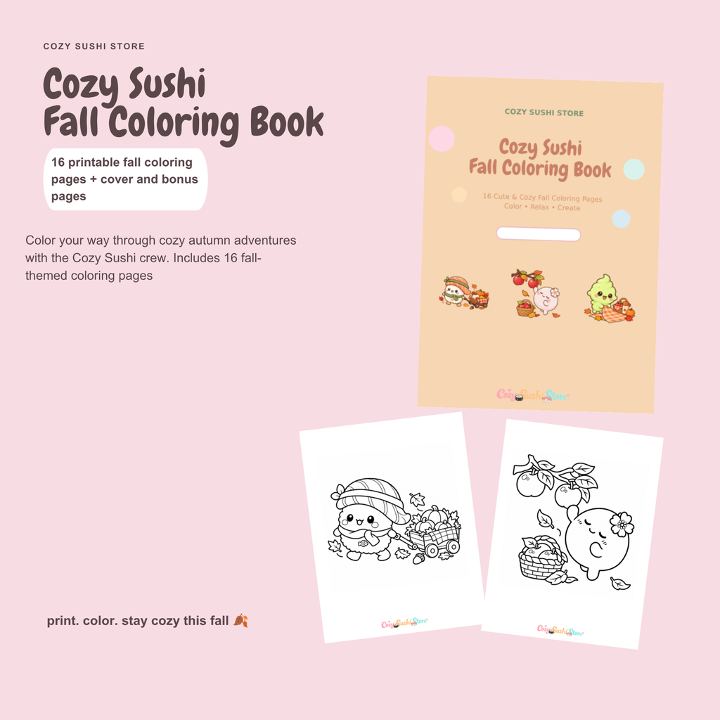 Cozy Sushi Fall Coloring Book | 16 Cute Kawaii Autumn Printable Coloring Pages
