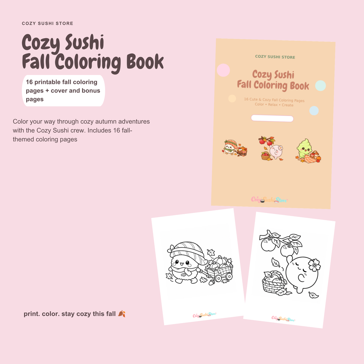 Cozy Sushi Fall Coloring Book | 16 Cute Kawaii Autumn Printable Coloring Pages