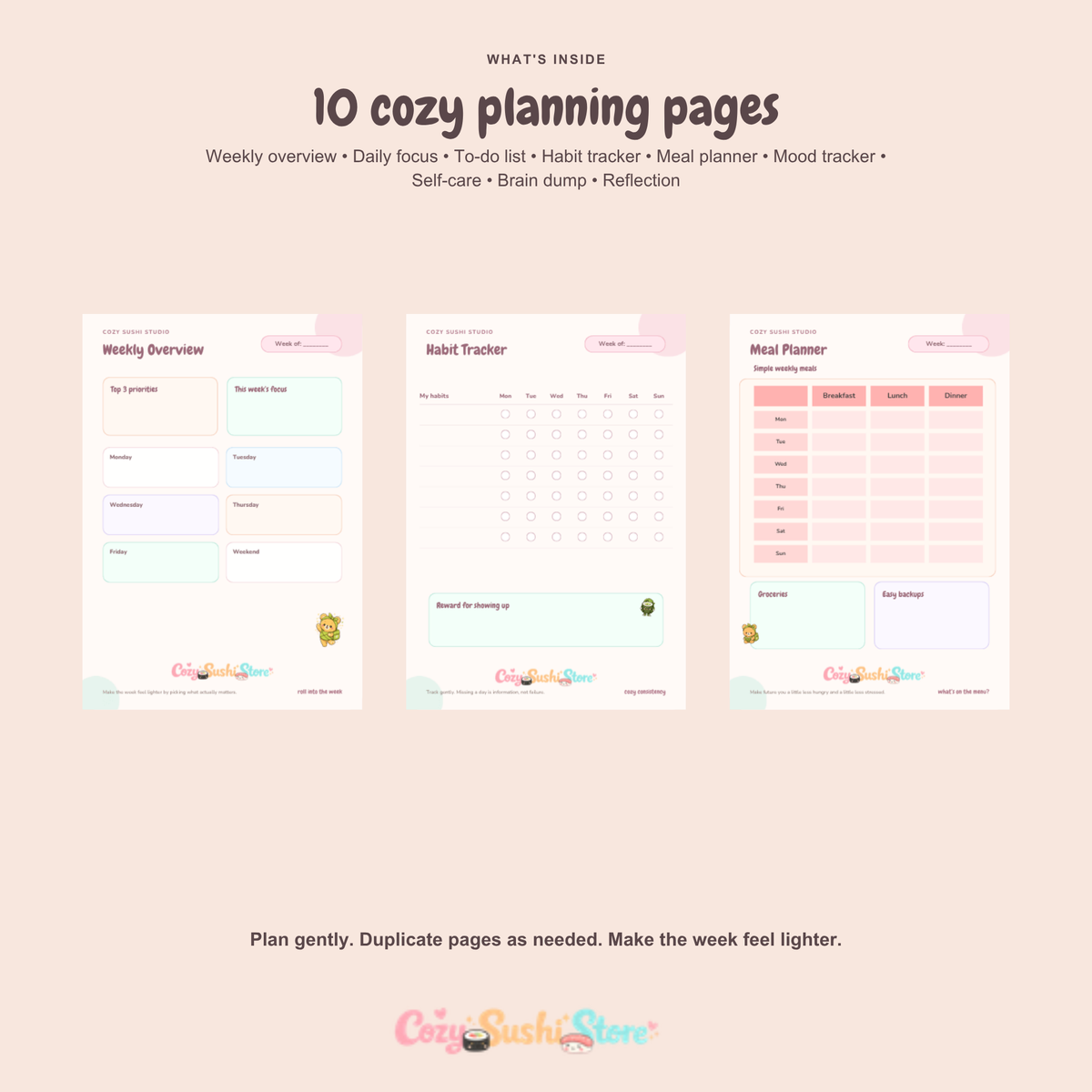 Cozy Sushi Weekly Reset Planner – Cute 10-Page Printable & Digital Planner