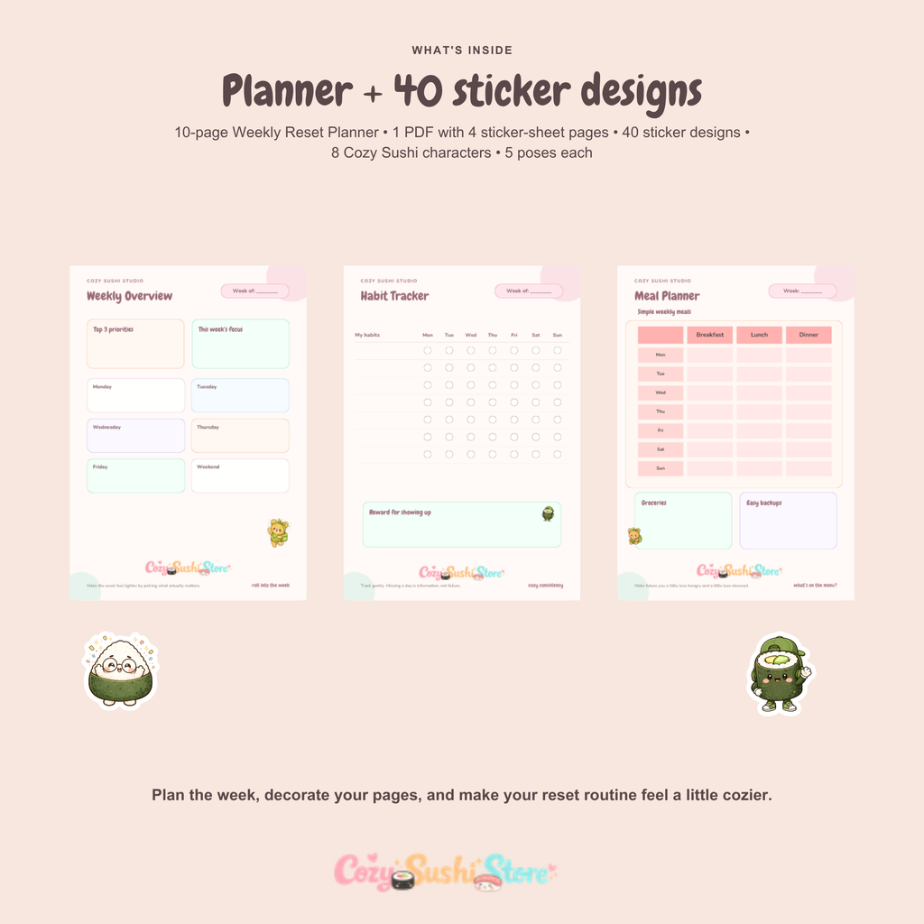 Cozy Sushi Weekly Reset Bundle | Digital Planner + 40 Cute Sticker Designs