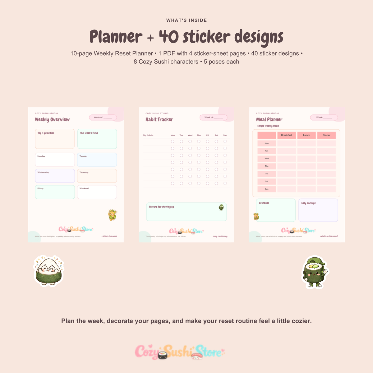 Cozy Sushi Weekly Reset Bundle | Digital Planner + 40 Cute Sticker Designs