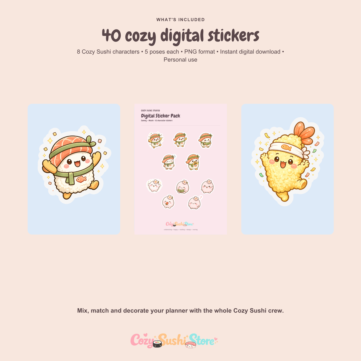 Cozy Sushi Planner Sticker Pack | 40 Cute Digital Sticker Designs