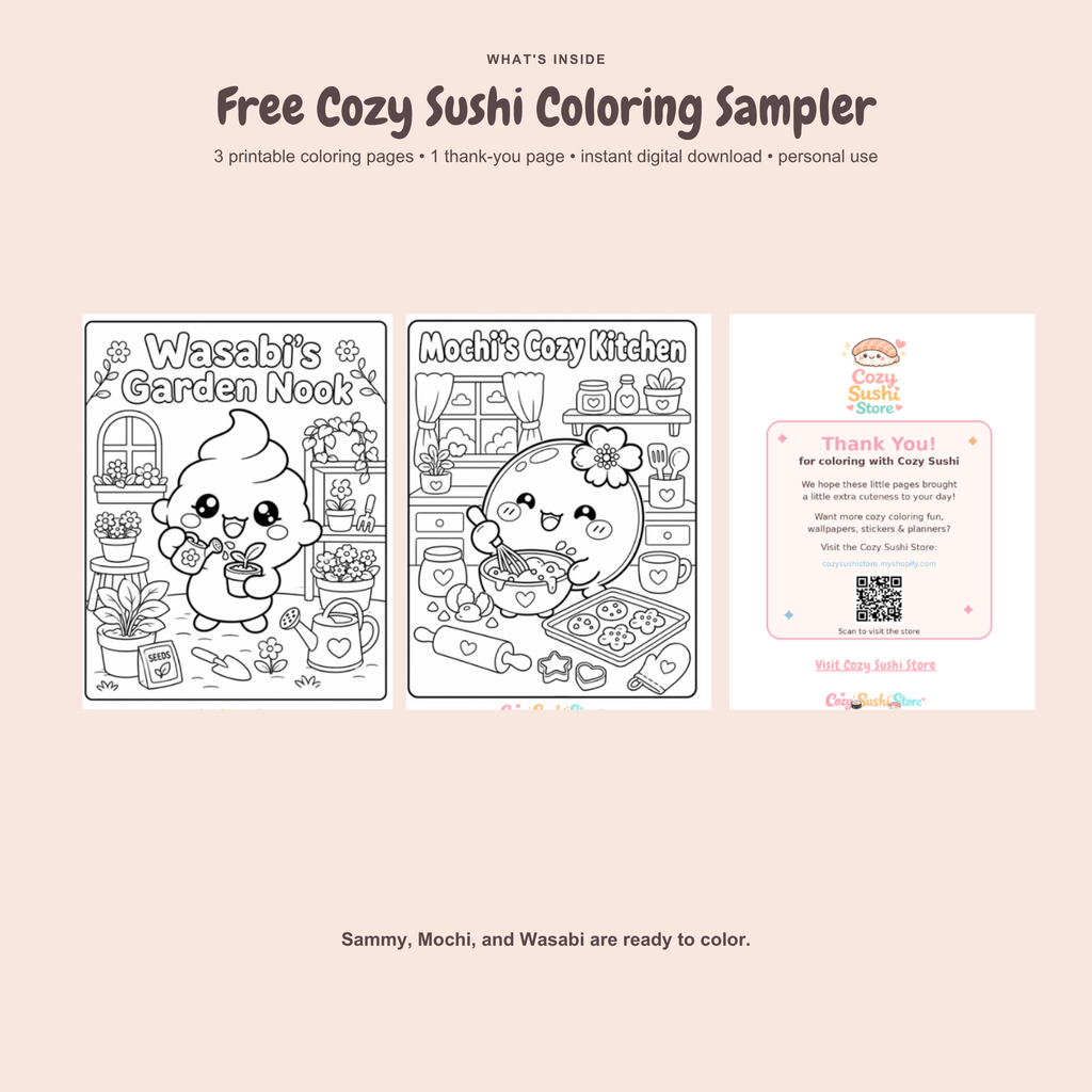 Free Cozy Sushi Coloring Page Sampler | 3 Cute Printable Kawaii Coloring Pages
