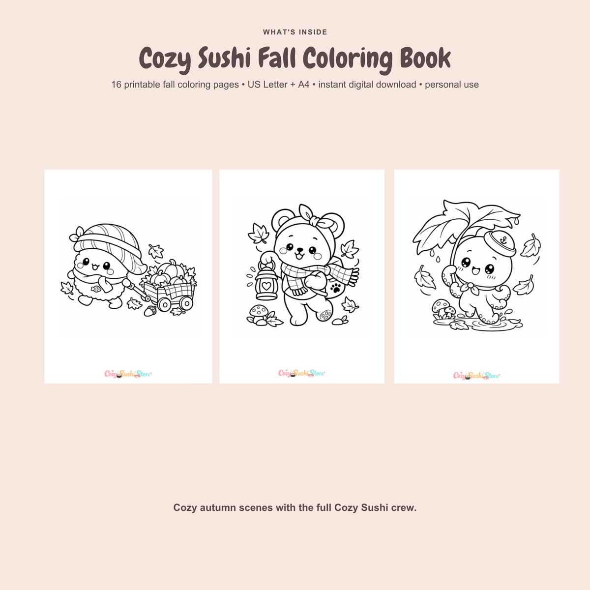 Cozy Sushi Fall Coloring Book | 16 Cute Kawaii Autumn Printable Coloring Pages