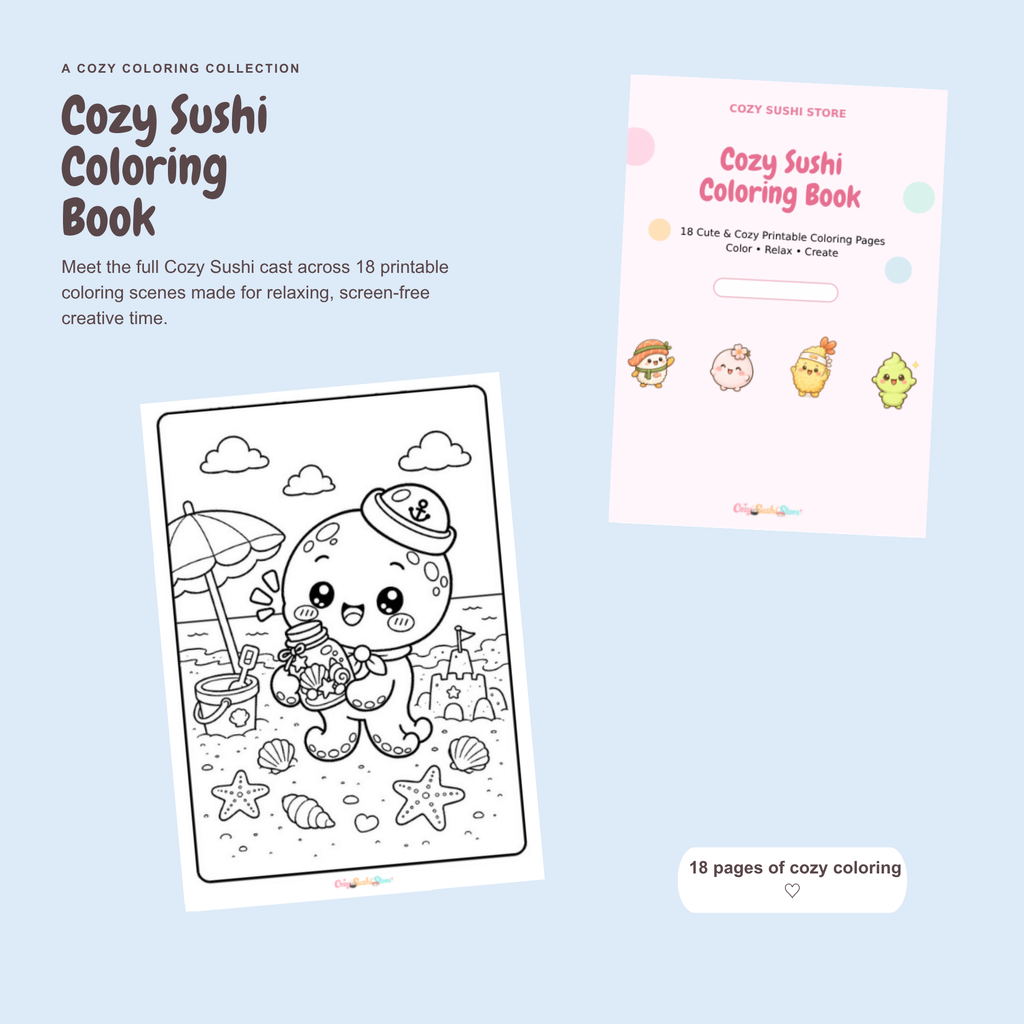 Cozy Sushi Coloring Book | 18 Cute Kawaii Printable Coloring Pages