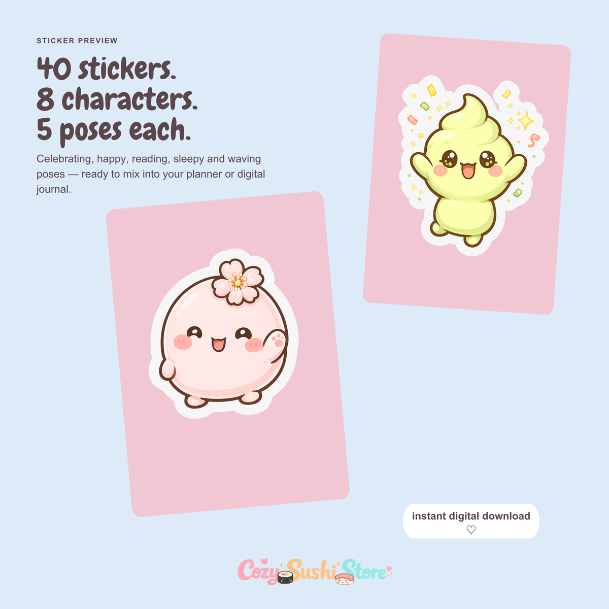 Cozy Sushi Planner Sticker Pack | 40 Cute Digital Sticker Designs