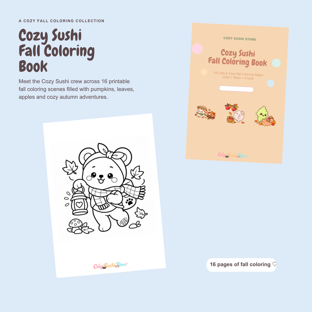 Cozy Sushi Fall Coloring Book | 16 Cute Kawaii Autumn Printable Coloring Pages