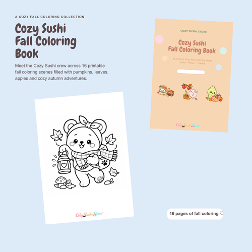 Cozy Sushi Fall Coloring Book | 16 Cute Kawaii Autumn Printable Coloring Pages