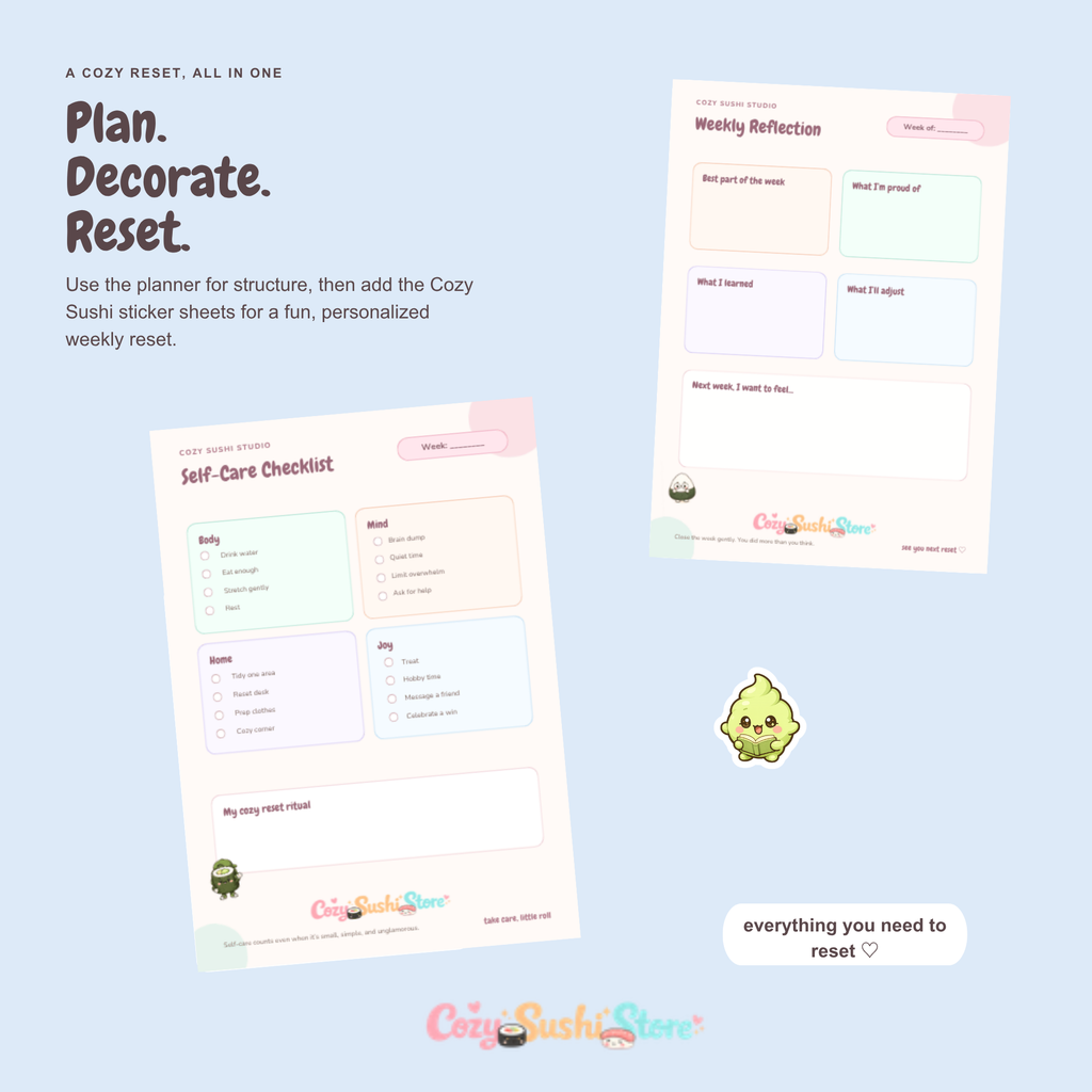 Cozy Sushi Weekly Reset Bundle | Digital Planner + 40 Cute Sticker Designs